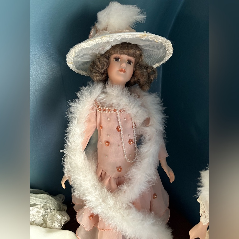 Vintage Victorian Porcelain Doll with Pink Dress & White Feather Boa